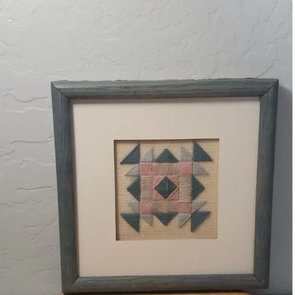 1980's Creative Circle Geometric hand stitched Picture and Blue Frame ~Vintage~